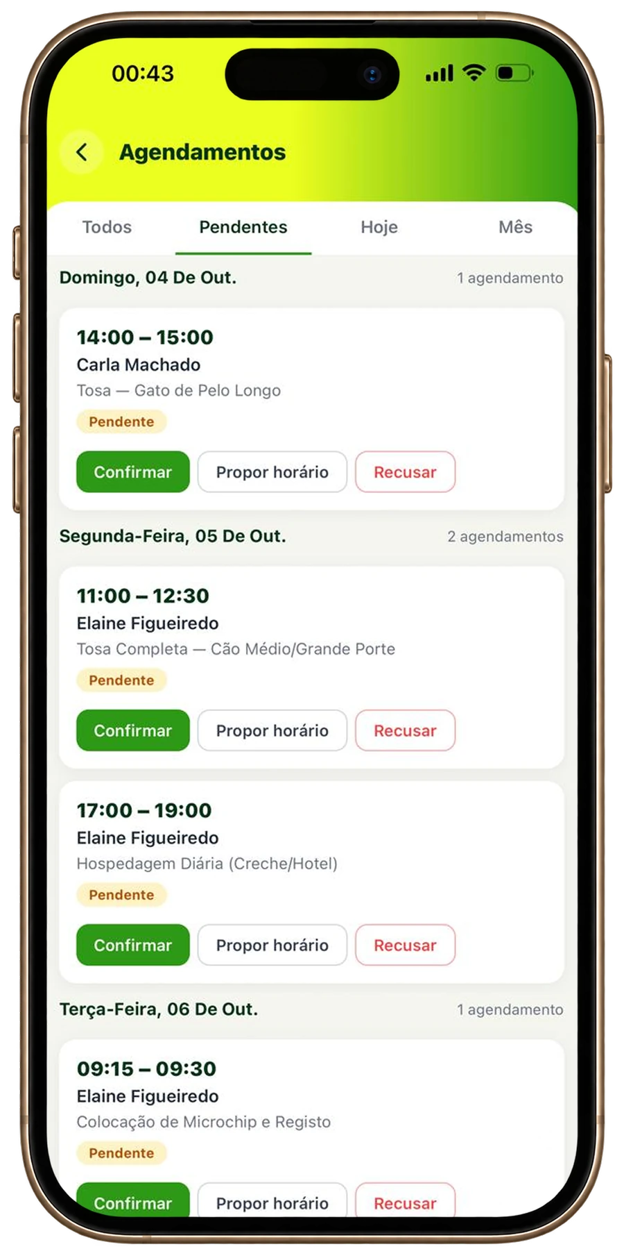 Agendamentos pendentes no app LinkBR, com opções de confirmar, propor horário ou recusar